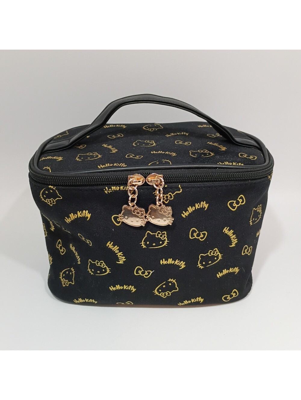 Sanrio Hello Kitty Train Case Cosmetic Makeup Bag Storage Black & Gold Large